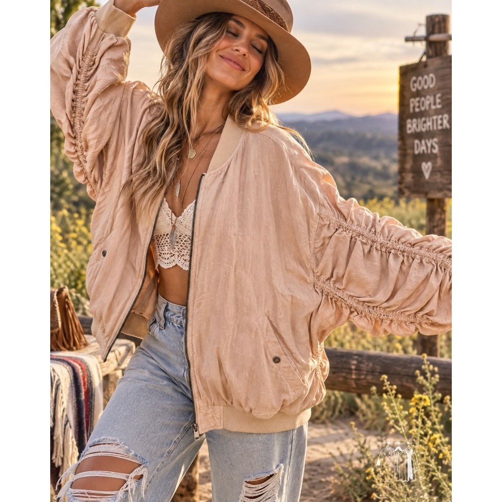 Free People Bomber Jacket Womens Large Peach Tan Excellent Ruched Linen Blend